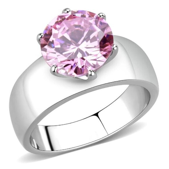 STAINLESS STEEL Simulated Pink Sapphire Solitaire Band Ring - Picture 13 of 16